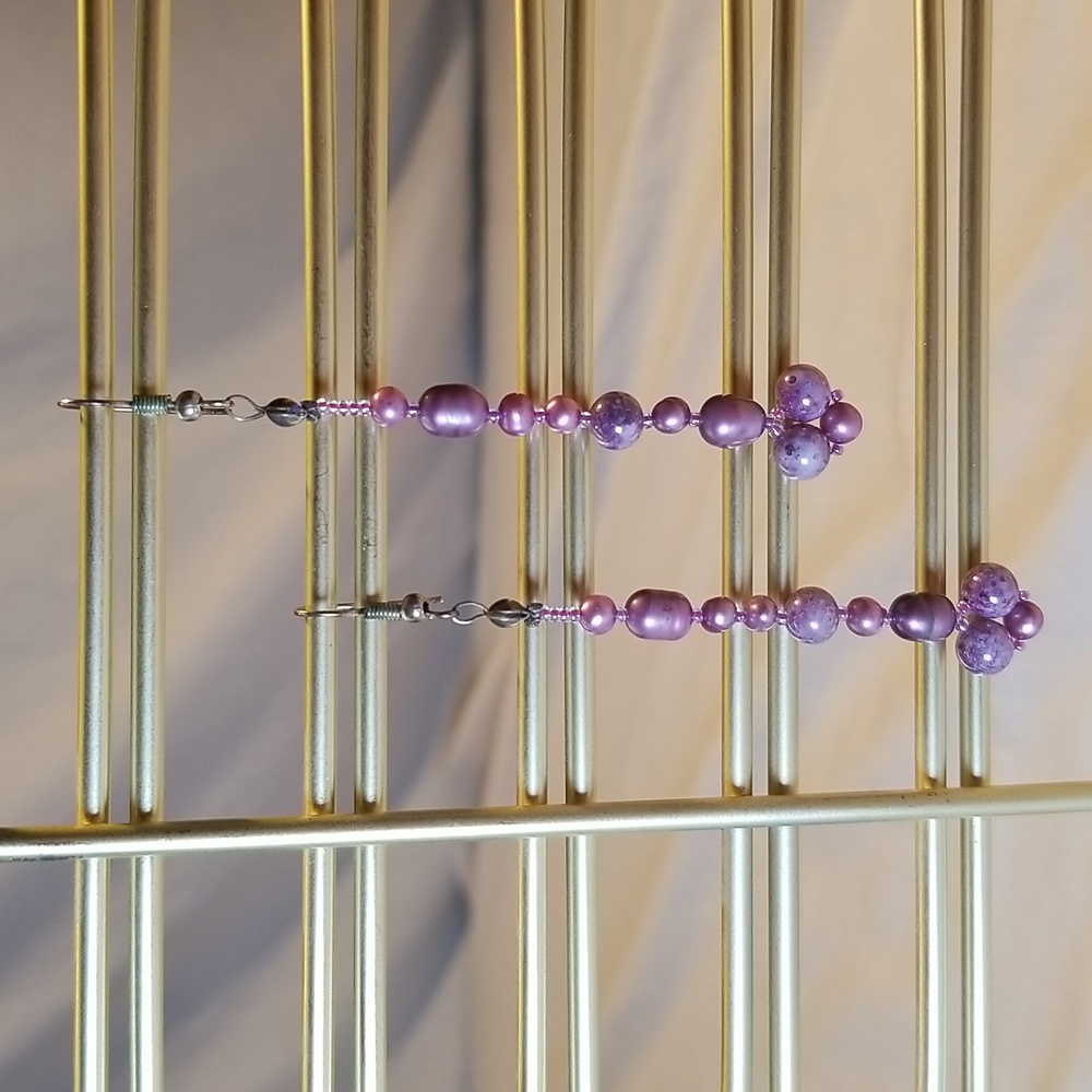 Purple Beaded Earrings on Silver Hooks